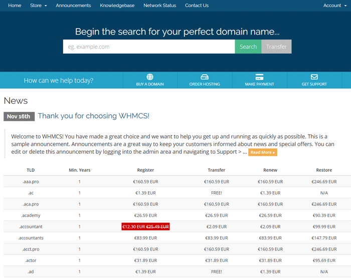 domain price list widget