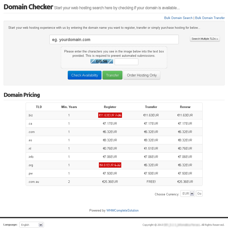 WHMCS Domain Price list with highlighted Promo Prices