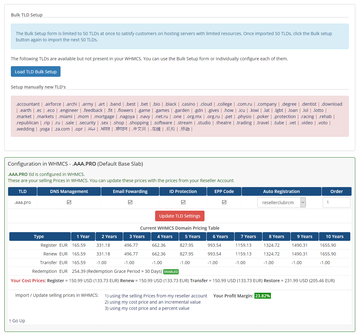 Import TLDs and Prices