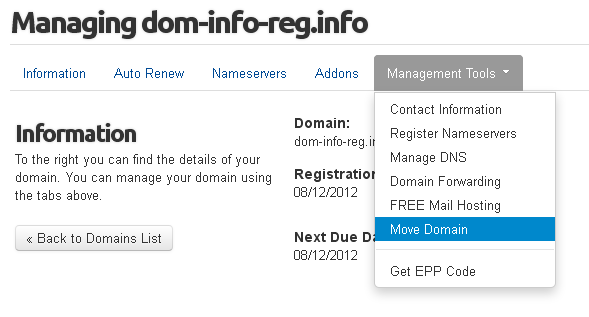 Move Domain Management link