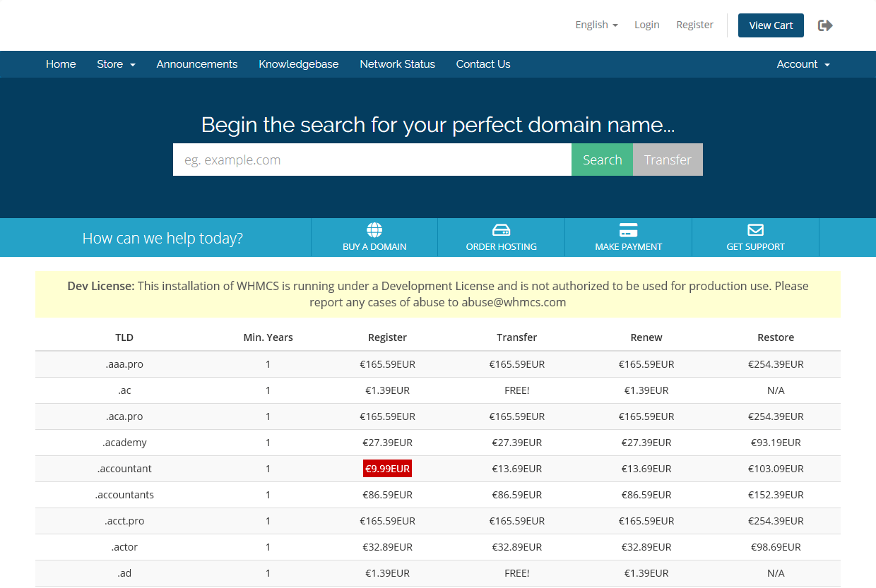 Domain Price list widget