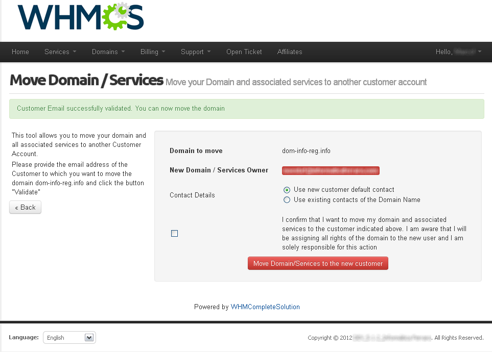 Client Area Move Domain Tool