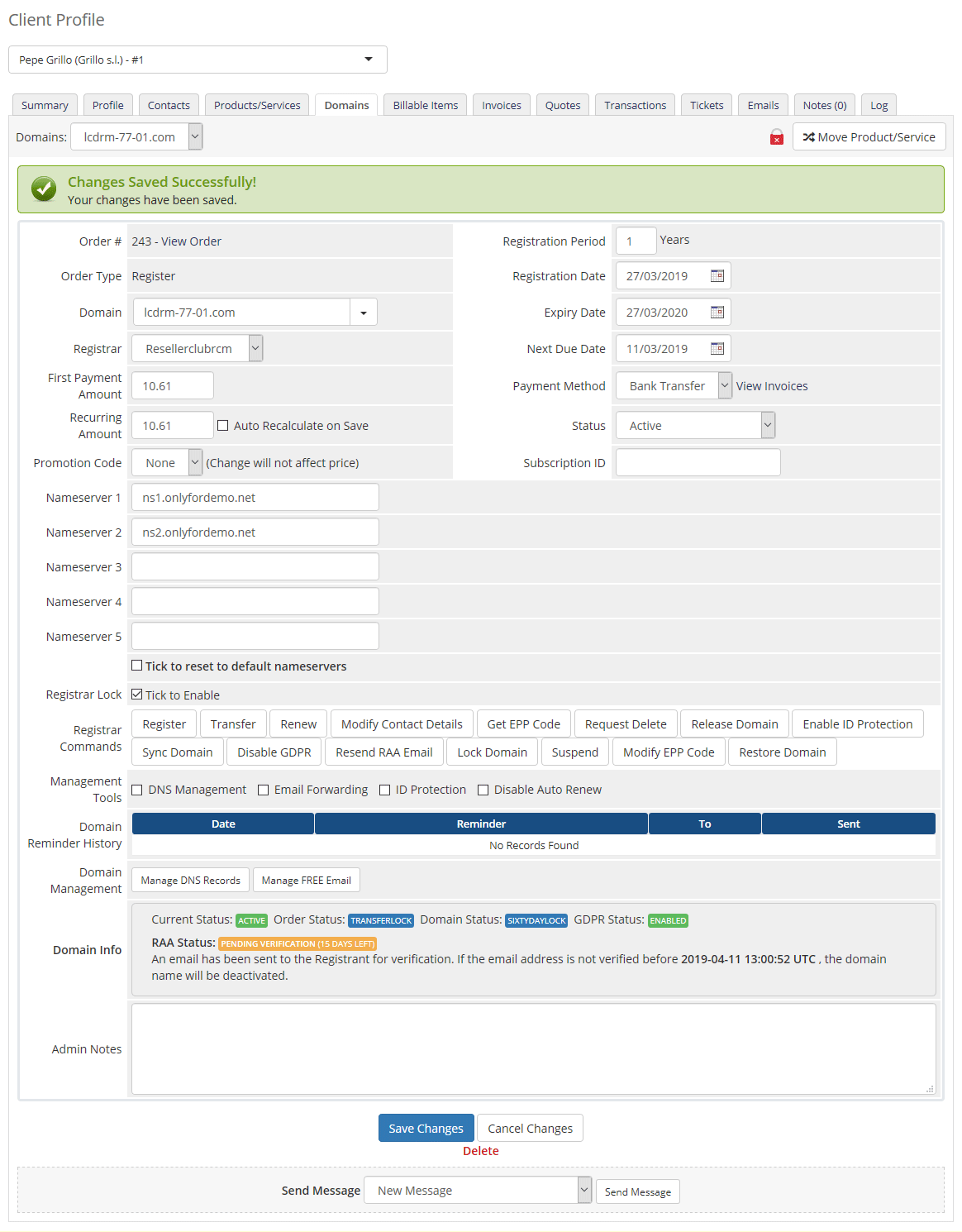 detalles del dominio area admin