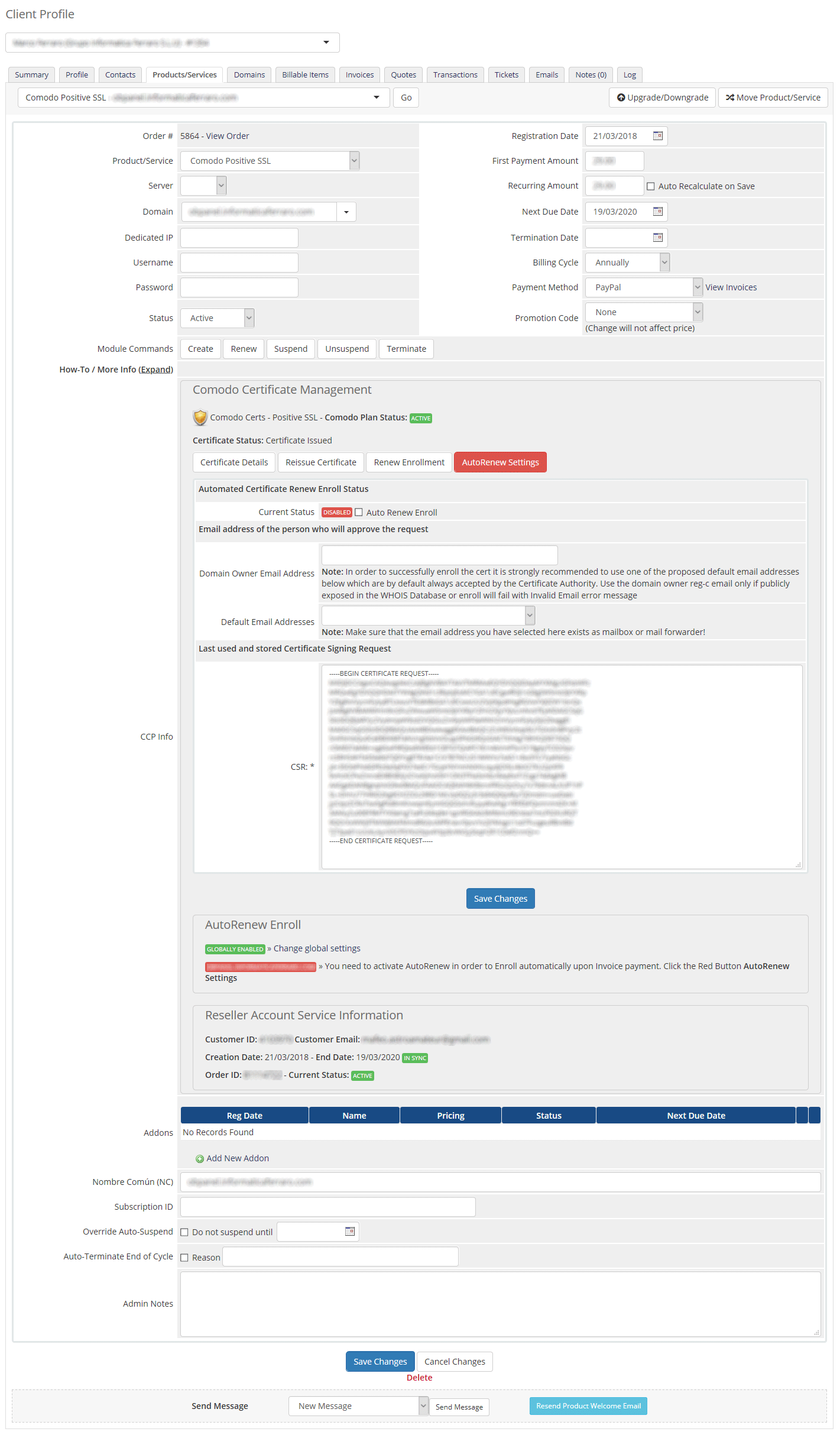 Area del Admin Certificado Comodo