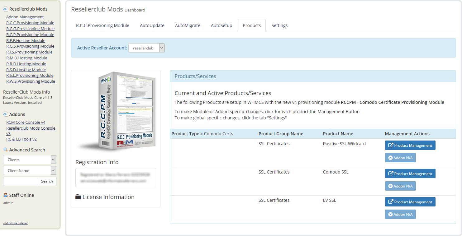 Resellerclub Mods Console Product Overview