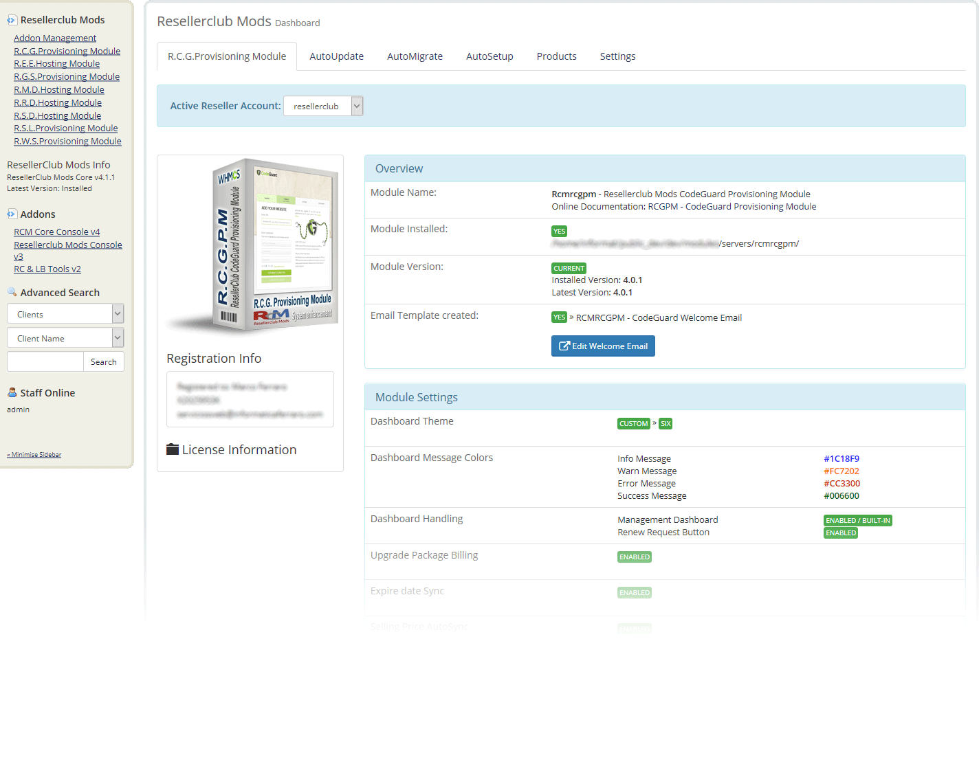 Resellerclub Mods Console Module Dashboard