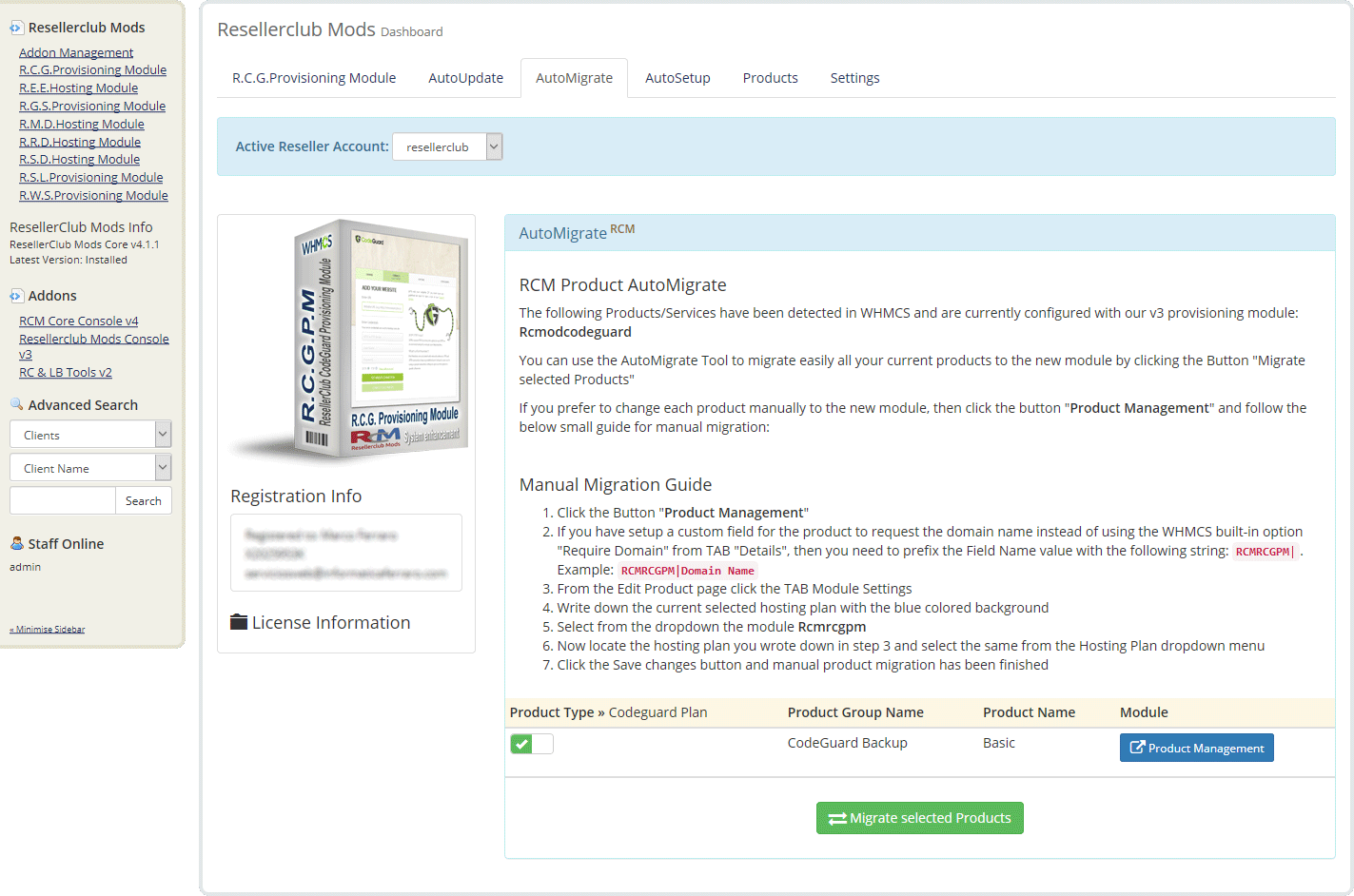 Resellerclub Mods Console AutoMigrate