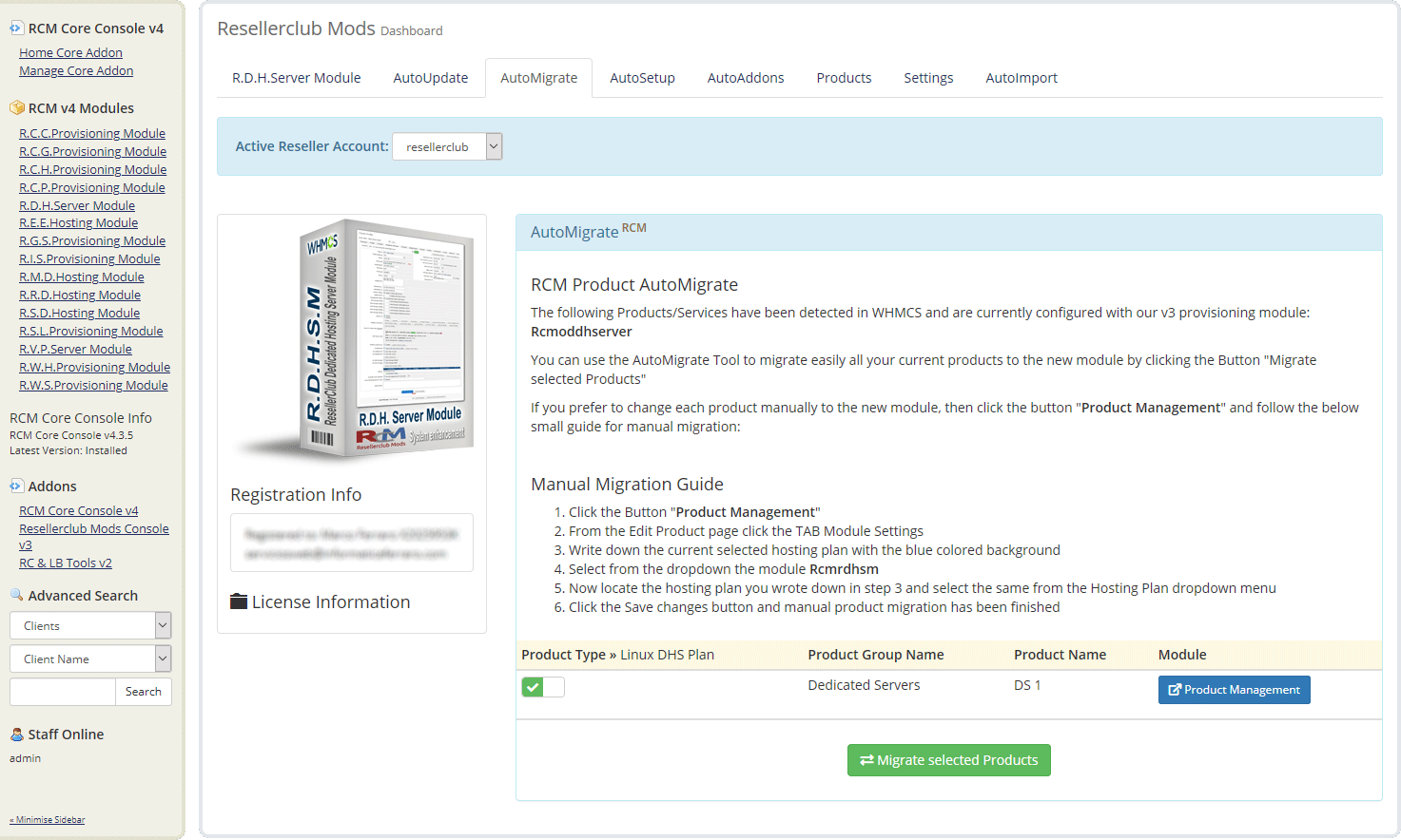 Resellerclub Mods Console AutoMigrate