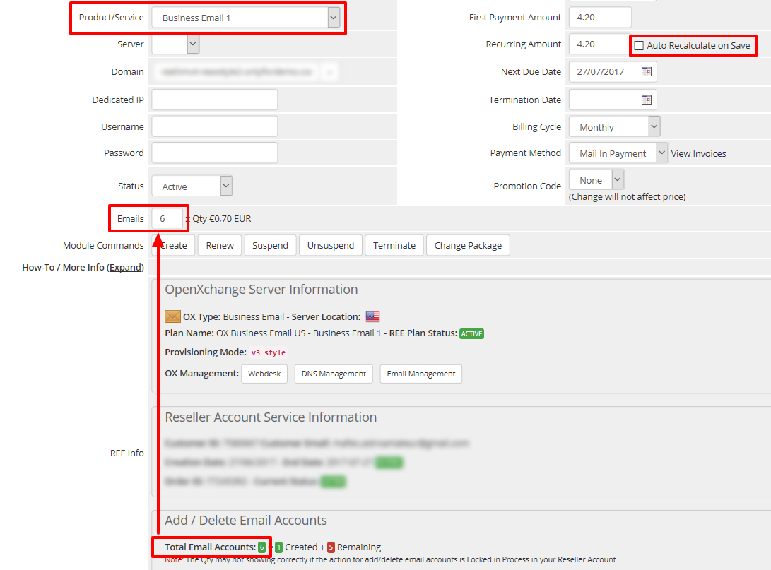 Admin Area Client Product details