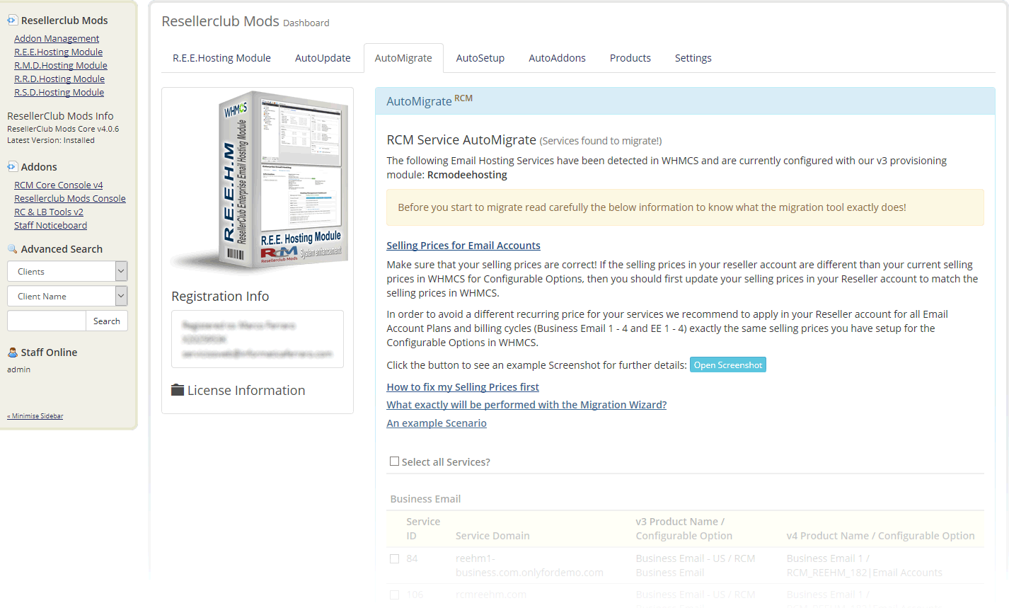 Resellerclub Mods Console AutoMigrate