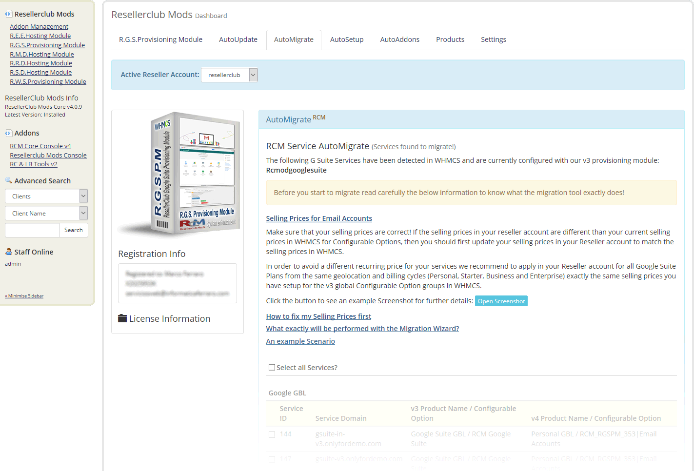 Resellerclub Mods Console AutoMigrate