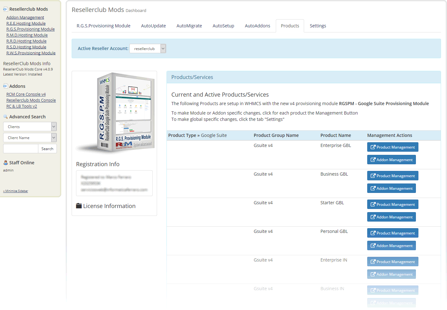 Resellerclub Mods Console Product Overview