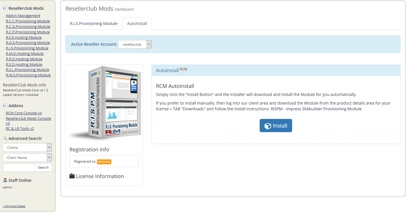 Resellerclub Mods Console Módulo AutoInstall