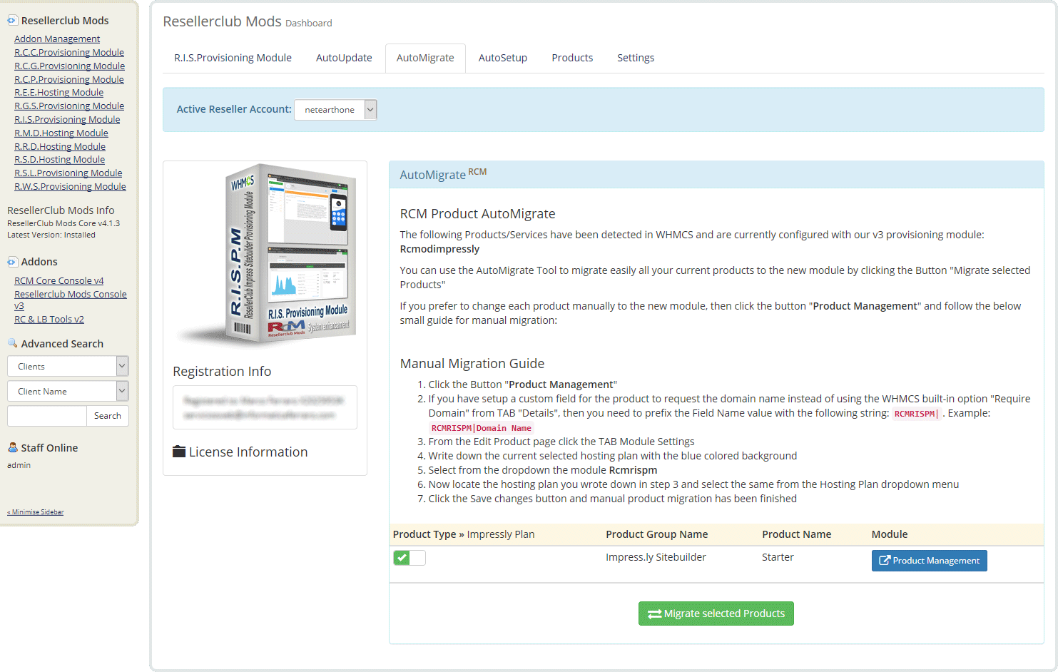 Resellerclub Mods Console AutoMigrate