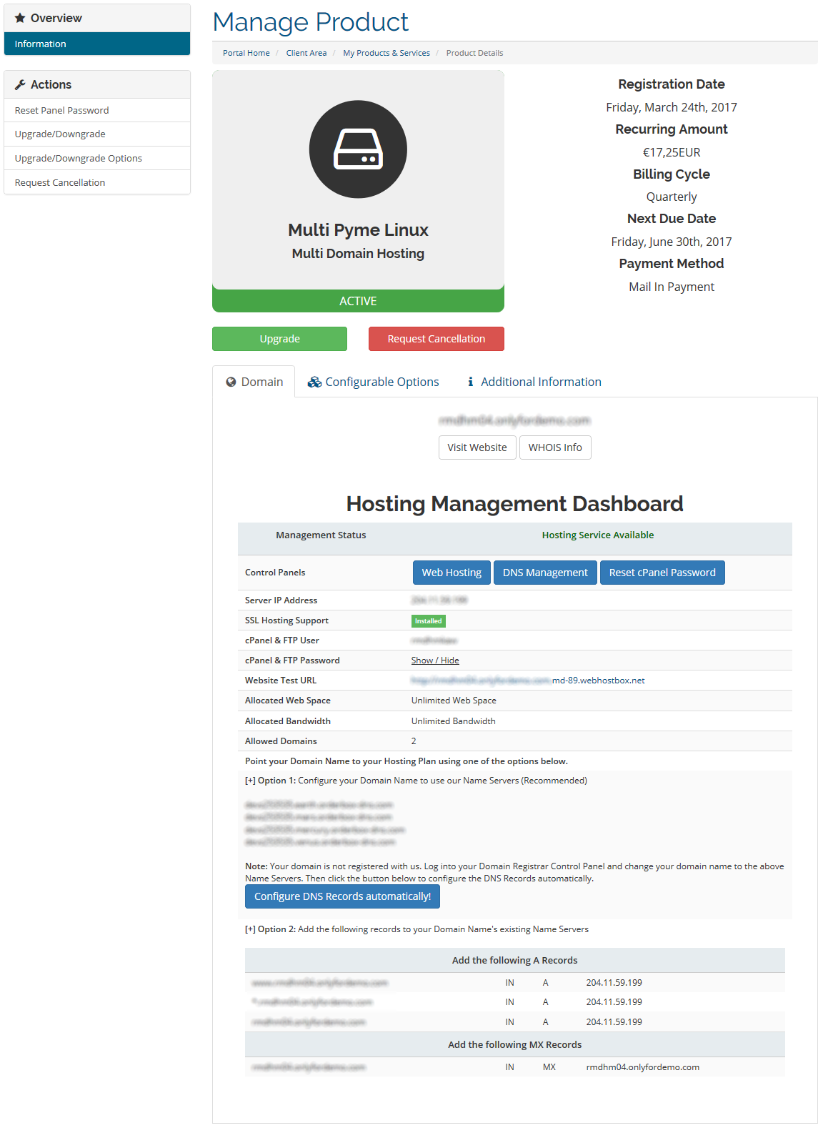 Area de Cliente Hosting Multi Dominio