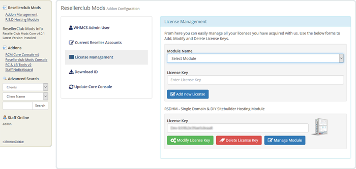 Resellerclub Mods Console License Management