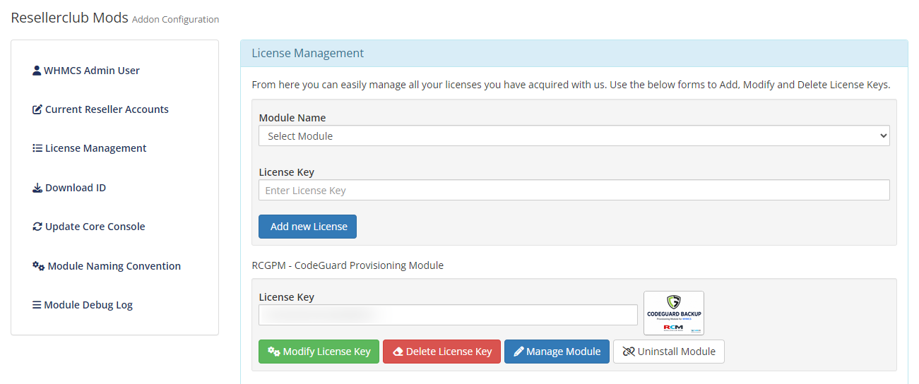 Resellerclub Mods Console License Management
