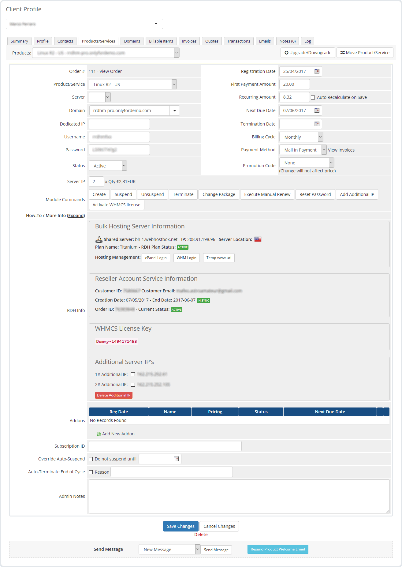 Admin Area Reseller Bulk Hosting