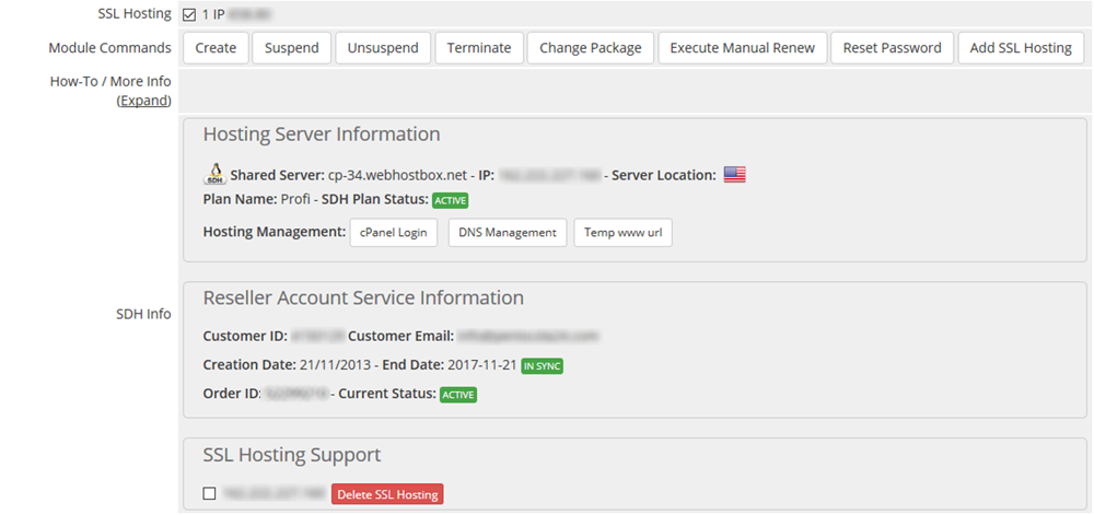 Area del Admin Hosting Hosting Dominio Individual