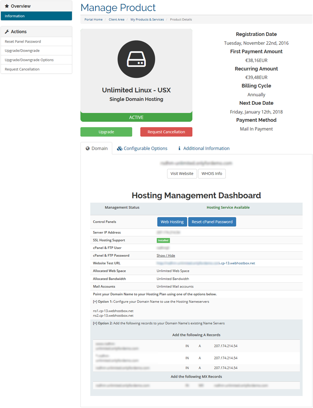 Client Area Single Domain Hosting