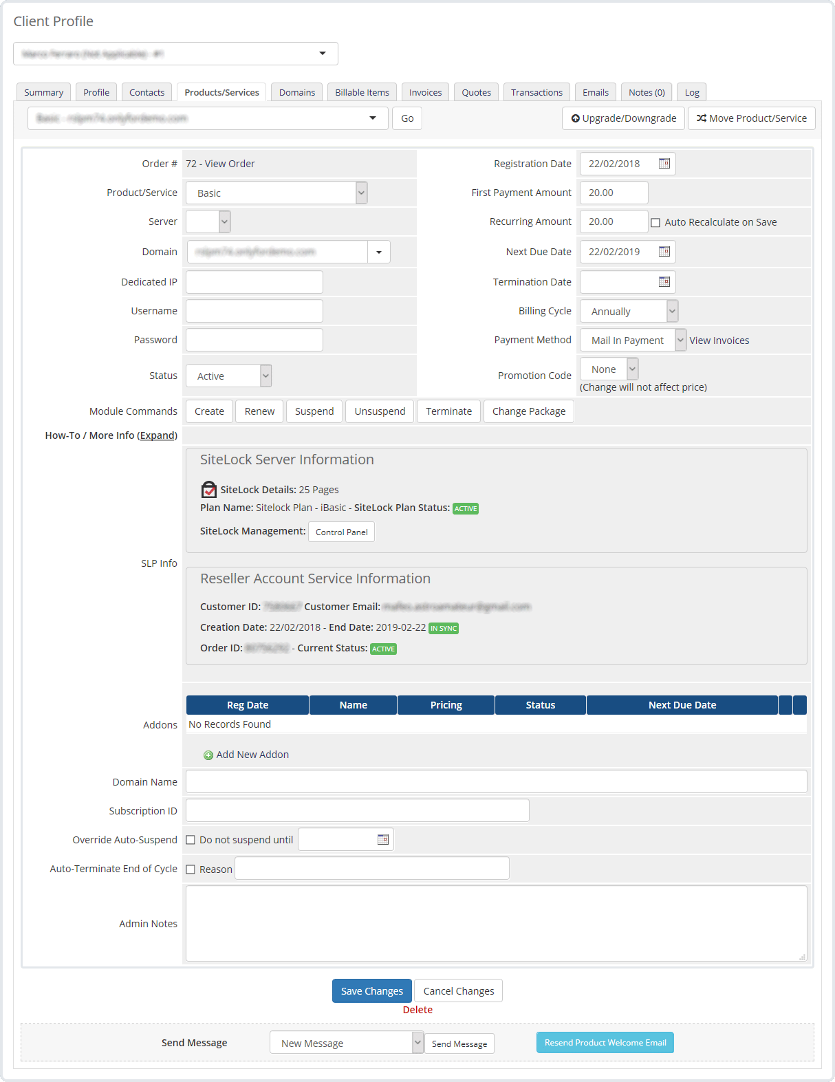 Area del Admin SiteLock