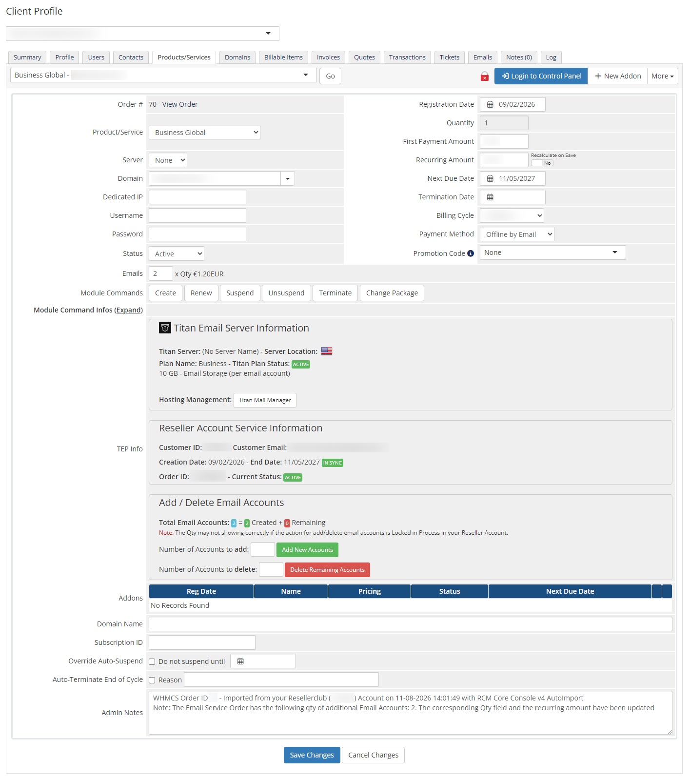 Admin Area Titan Email Products details