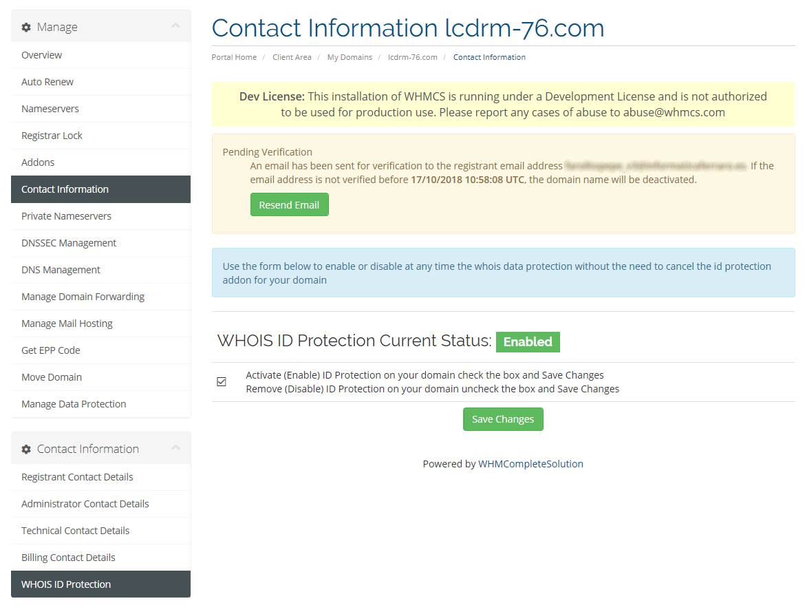 Toggle ON/OFF for whois protection